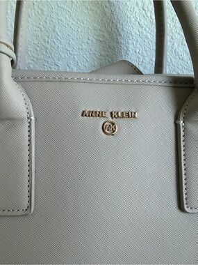 Anne Klein Light Cream Saffiano briefcase with Gold Logo
